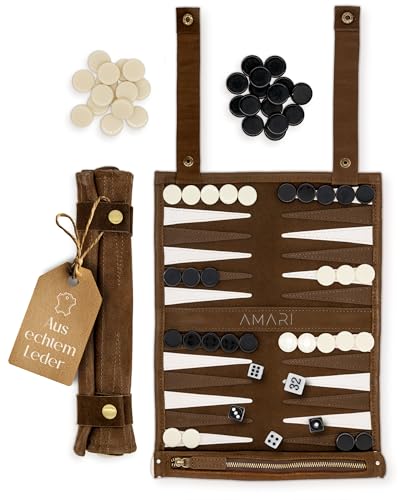 Amari ® Reise Backgammon - Rollbares Backgammon für Reisen und Unterwegs – Back Gammon Hochwertig, Koffer Spiel Reisespiel Leder von Amari