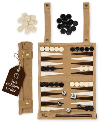 Amari ® Reise Backgammon - Rollbares Backgammon für Reisen und Unterwegs – Back Gammon Hochwertig Koffer Spiel Reisespiel Reisebackgammon Leder von Amari