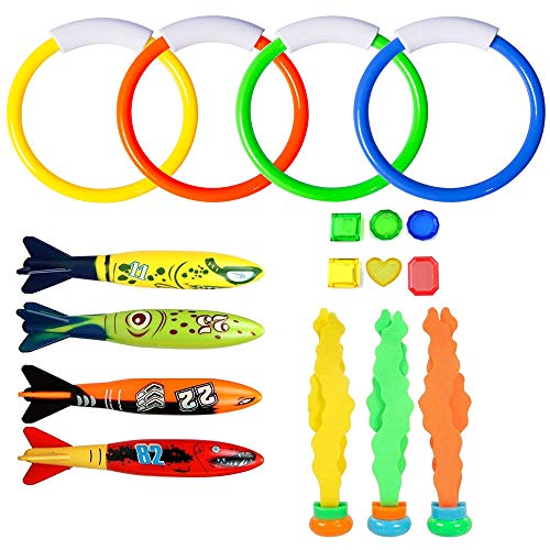 Amasawa Tauchspielzeug, Unterwasserspielzeug,Kinderschwimmspielzeugsets, Tauchkreise, Tauchalgen, Edelsteine, Torpedos (17Stück) von Amasawa