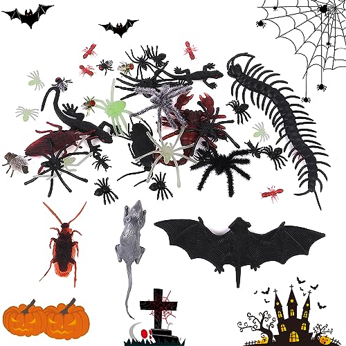 Amaxiu Halloween Set mit Realistischen Käfern,44 teiliges Gags Streich Trick Witzspielzeug gefälschte Kakerlaken Spinnen Gecko Skorpione Tausendfüßler Fledermaus Mäuse Ameise für Partydekorationen von Amaxiu