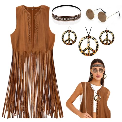 Amazluck 70s Fancy Dress Women, Hippie Costume Women Hippy Fancy Dress for Women Hippie Accessoires Tassel Waistcoat Women Quastenwesten für Damen 70er Jahre Maskerade Damen-Quastenwesten von Amazluck