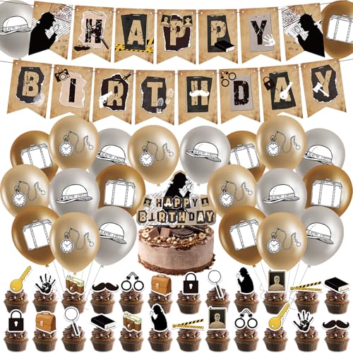 44 Stück Detectiv Geburtstag Deko, Dedektivparty Geburtstag Kridinner Deko Luftballons Kindergeburtstag Deko Geburtstag Happy Birthday Banner Cupcake Toppers Junge Detectiv Mystery Secret Party von Amazluck