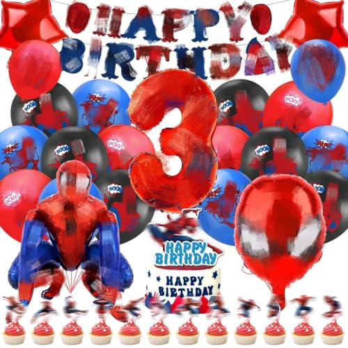 Geburtstagsdeko kinder 3 jahre, 3D Spider Luftballon Kindergeburtstag Deko Geburtstag Happy Birthday Banner Latexballons Folienballon Junge für 3 Themen Kinderpartys Geburtstags Dekoration Ballons von Amazluck