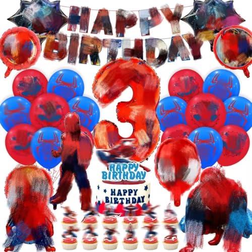 Geburtstagsdeko kinder 3 jahre, 3D Spider Luftballon Kindergeburtstag Deko Geburtstag Happy Birthday Banner Latexballons Folienballon Junge für 3 Themen Kinderpartys Geburtstags Dekoration Ballons von Amazluck