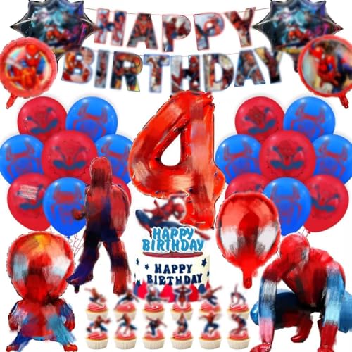 Geburtstagsdeko kinder 4 jahre, 3D Spider Luftballon Kindergeburtstag Deko Geburtstag Happy Birthday Banner Latexballons Folienballon Junge für 4 Themen Kinderpartys Geburtstags Dekoration Ballons von Amazluck