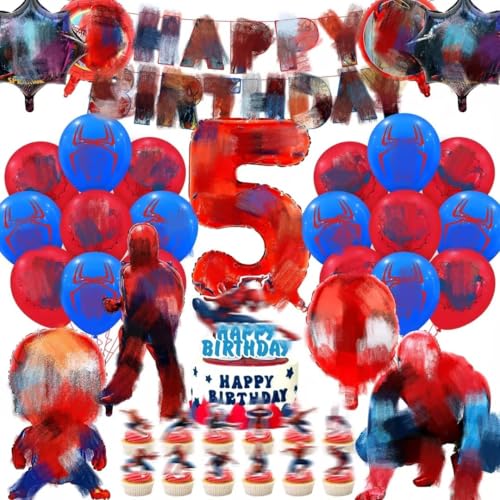 Geburtstagsdeko kinder 5 jahre, 3D Spider Luftballon Kindergeburtstag Deko Geburtstag Happy Birthday Banner Latexballons Folienballon Junge für 5 Themen Kinderpartys Geburtstags Dekoration Ballons von Amazluck