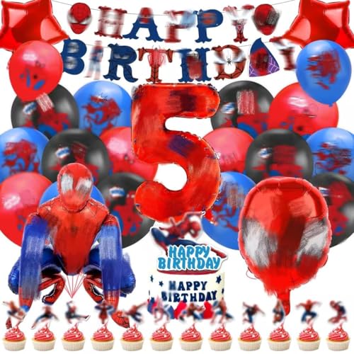 Geburtstagsdeko kinder 5 jahre, 3D Spider Luftballon Kindergeburtstag Deko Geburtstag Happy Birthday Banner Latexballons Folienballon Junge für 5 Themen Kinderpartys Geburtstags Dekoration Ballons von Amazluck