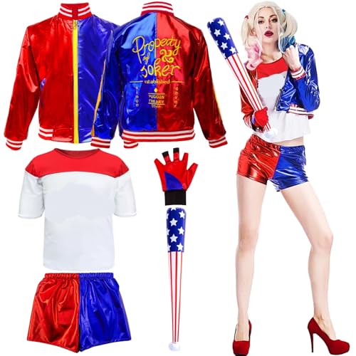 Amazluck Quin-n Kostüm Damen, Cosplay Kostüm Mädchen Bösewicht Kostüm Cosplay Mit Jacke T-Shirt Shorts Handschuh Aufblasbarer Baseballschläger Joker Kostüm Damen für Karneval Halloween Damen Karneval von Amazluck