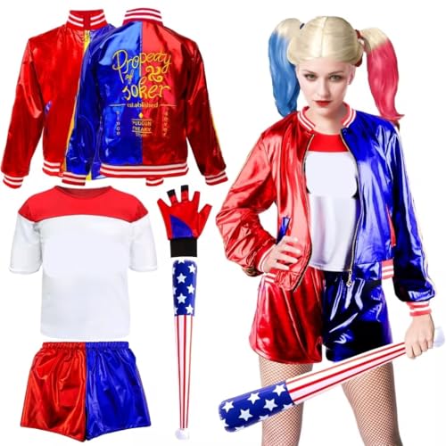 Quin-n Kostüm Damen, Cosplay Kostüm Mädchen Bösewicht Kostüm Cosplay Mit Jacke T-Shirt Shorts Handschuh Aufblasbarer Baseballschläger Joker Kostüm Kinder für Karneval Halloween Damen Karneval von Amazluck