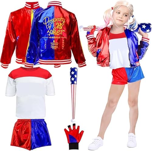 Quin-n Kostüm Kinder, Cosplay Kostüm Mädchen Bösewicht Kostüm Cosplay Mit Jacke T-Shirt Shorts Handschuh Aufblasbarer Baseballschläger Joker Kostüm Kinder für Karneval Halloween Kinder Karneval von Amazluck