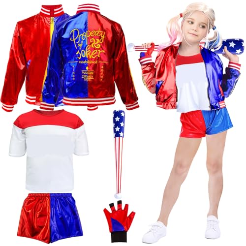 Quin-n Kostüm Kinder, Cosplay Kostüm Mädchen Bösewicht Kostüm Cosplay Mit Jacke T-Shirt Shorts Handschuh Aufblasbarer Baseballschläger Joker Kostüm Kinder für Karneval Halloween Kinder Karneval von Amazluck