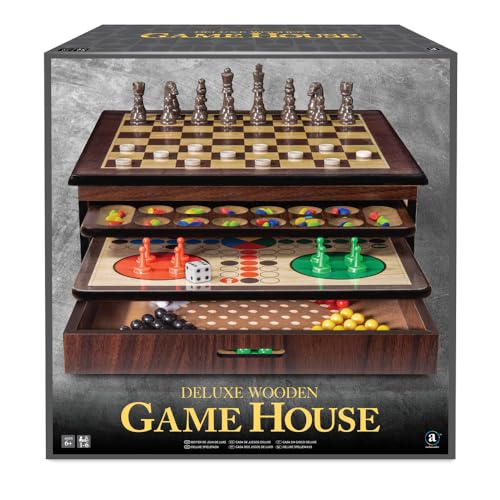 Ambassador Merchant Craftsman Deluxe Game House – Klassische Brettspiele Sammlung – 10 beliebte Spiele – Schach, Dame, Backgammon & Tic-Tac-Toe von Ambassador