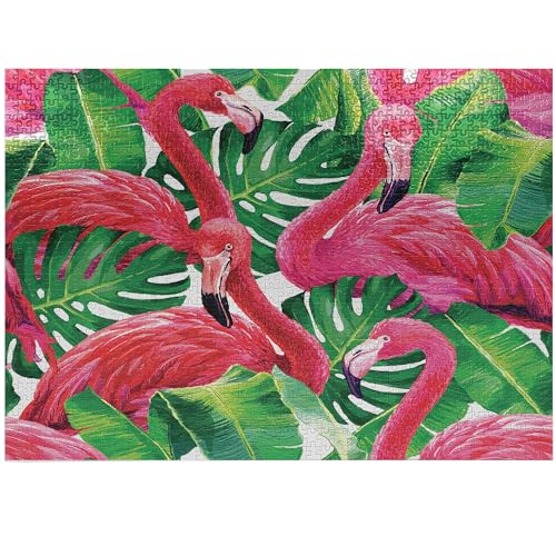 Ambesonne Flamingo Puzzle, Flamingos sitzend auf Makro Tropic Exotic Leaves Grafik im Retro Stil Kunst Erbstück-Qualität Spaß Aktivität für Familie Langlebiger Karton 1000 Stück Rosa Grün von Ambesonne