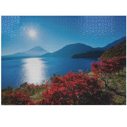 Ambesonne Natur Puzzle, Japan Sonnige Herbst Pflanzen Landschaft mit Bäumen Bergen und Ozean Panorama, Erbstück-Qualität Spaß Aktivität für Familie Langlebiger Karton, 1000 Stück, Blau und Rot von Ambesonne