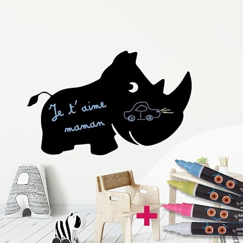 Ambiance Sticker Kreidetafel – Wandsticker, selbstklebend, abwischbar, Nashorn, H 55 x L 85 cm + 4 Flüssigkreiden von Ambiance Sticker