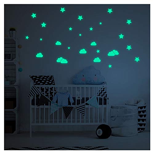 Aufkleber, phosphoreszierend, Wolken und Sterne, selbstklebend, fluoreszierend und leuchtend, bis zu 5 Stunden Laufzeit, Dekoration für Baby- und Kinderzimmer, 9 Wolken und 18 Sterne von Ambiance Sticker