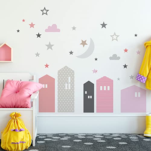 Wandsticker Kinder - Deko Babyzimmer - Wandsticker Kinder - Wandsticker skandinavisch - Riesen Wandsticker Häuser unter Mond und Sternen - H120 x L 180 cm von Ambiance Sticker