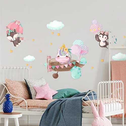 Wandsticker Kinder Dekoration Babyzimmer Wandtattoo Kinderzimmer Wandaufkleber Einhorn Pilot in die Luft H60 x 90 cm von Ambiance Sticker