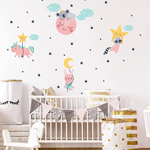 Wandsticker Kinder Dekoration Babyzimmer Wandtattoo Kinderzimmer Wandaufkleber Einhorn und seine Freunde im Sternenhimmel H60 x 90 cm von Ambiance Sticker