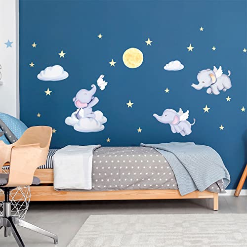 Wandsticker Kinder Dekoration Babyzimmer Wandtattoo Kinderzimmer Wandaufkleber Elefant im Sternenhimmel Wandaufkleber H60 x B90 cm von Ambiance Sticker