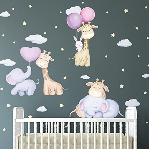 Wandtattoo Kinder Deko Babyzimmer Wandtattoo Kinderzimmer Wandaufkleber Tiere und fliegende Luftballons H90 x L 60 cm von Ambiance Sticker