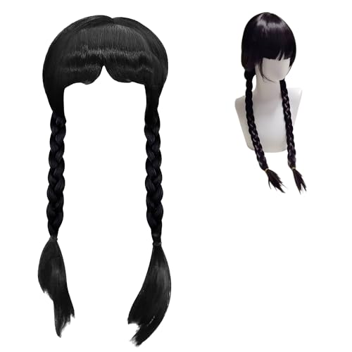 Addams Perücke für Kinder Damen, Addams Schwarze Geflochtene Perücken, Gothic Kostüm Lange Zöpfe Perücken mit Bangs, Addams Family Merchandise für Faschingskostüme Karneval Halloween Cosplay von Amebleak