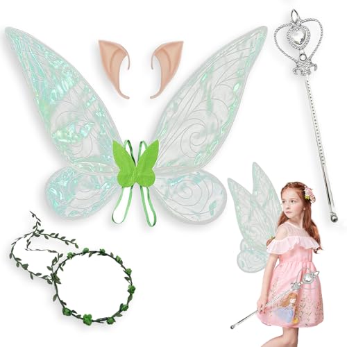 Amebleak Feenflügel Kinder, 4 Stück Fairy Costume mit Elfenohren, Zauberstab und Girlande, Schmetterlingsflügel Kinder, Schmetterling Kostüm Kinder, Schmetterling Kostüm Mädchen (Grün) von Amebleak