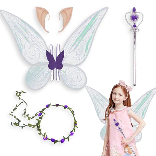 Amebleak Feenflügel Kinder, 4 Stück Fairy Costume mit Elfenohren, Zauberstab und Girlande, Schmetterlingsflügel Kinder, Schmetterling Kostüm Mädchen (Lila) von Amebleak