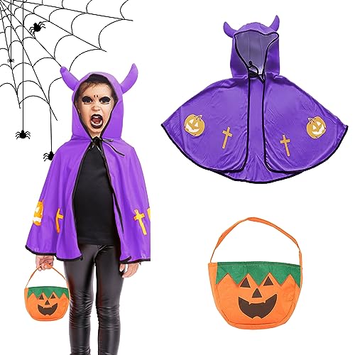 Amebleak Kinder Halloween Kostüm, Kostüm für Kinder Teufelkostüm, Teufel Umhang mit Kürbis Candy Bag, Witch Cape Umhang für Cosplay Verkleidung Fasching Karneval Halloween Geburtstagsparty (Lila) von Amebleak