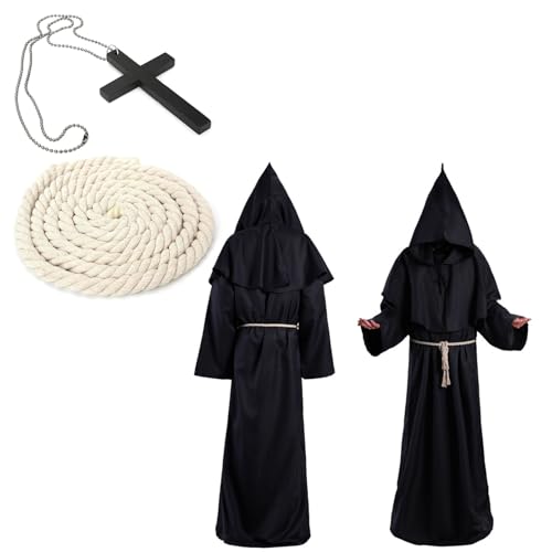 Amebleak Mönch Robe Kostüm Prister Gewand Mittelalterliche Renaissance Robe mit Kapuze und Kreuz Mönchskutte für Mottoparty Halloween Cosplay Karneval und Fasching (L) von Amebleak