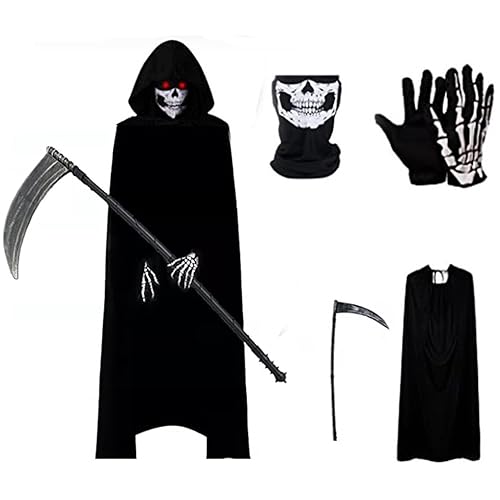 Amebleak Sensenmann Kostüm, Halloween Umhang Schal Handschuhe Sense Set, Halloween Sensenmann Kapuzenumhang, Halloween Kostüm Erwachsene für Dekoration, Cosplay, Karneval von Amebleak