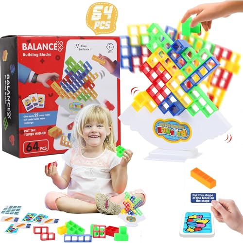 Amebleak Tetra Tetris Tower Spiel für Kinder und Erwachsene 64 Stück Balance Spielzeug Tower Game Stapelspiele Creative Stack Spielzeug Wackelturm Stapelturm für Jungen Mädchen ab Jahre 6+ von Amebleak