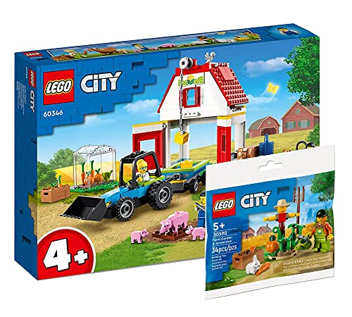 Lego City Set: Bauernhof mit Tieren und Spielzeug-Traktor mit Anhänger (60346) + Bauernhofgarten mit Vogelscheuche (30590) von AMEET Verlag