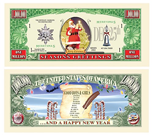 Frohe Weihnachten Seasons Greetings Santa Claus Santas List Million Dollar Bill in Geldscheinhalter – Sammlerstück Neuheit St. Nick Million Dollar Bills – Bester Spaß Strumpffüller Geschenk von American Art Classics