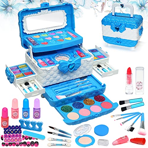 Kinderschminke Set Mädchen Schminkkoffer Kinder- Sicheres und Waschbares Schminke Kinder, Echtes Make Up Set , Prinzessin Geschenke für Mädchen 4 5 6-12 Jahre(Blau) von Amerrly