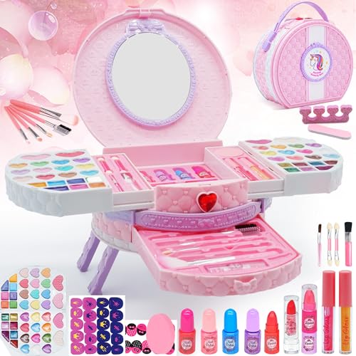 Kinderschminke Set Schminkkoffer Mädchen, 66 Stück Dresser Modell Schminkkoffer Mädchen, Waschbar Echte und Sichere Make-up Spielzeug für Mädchen 3-12 Jahre, Weihnachten Geburtstag Mädchen Geschenk von Amerrly