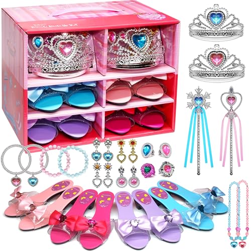 Prinzessin Schuhe Spielzeug für Mädchen - 4 Paar Prinzessin Schuhe Mädchen und 2 Sätze von Spiel-Schmuck-Boutique für Mädchen, Geburtstag Weihnachten Geschenke Mädchen 3-6 Jahre, Prinzessin Spielzeug von Amerrly