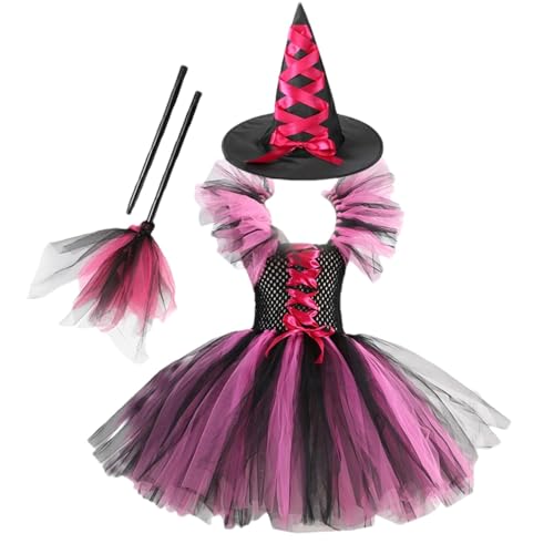 Amesor Halloween Hexenkostüm Kinder, Tutu Kleid Hexenkleid Outfit, Kinder Mädchen Hexenkostüm, Halloween Tutu Kleid Set Mit Besen Und Hexenhut, Halloween Karneval Cosplay Kostüm Für Mädchen von Amesor