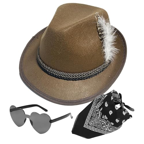 Amesor Oktoberfesthüte,Deutsche Alpenhüte - Fedora Oktoberfest Hut 1set mit Kopftuch Brille Kunstleder,Vlies-Mütze für Erwachsene, deutscher Alpen-Bayerischer Stil, für Erwachsene, Cosplay von Amesor