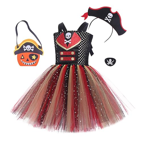 Amesor Piratenkostüm für Kinder,Piratenkostüm für Mädchen, Piraten-Tutu-Kleid für Halloween, 2–12 Jahre alte Mädchen, Halloween-Party, Rollenspiel, Verkleidung, Kleid, Stirnband, Tasche, Augenmaske von Amesor