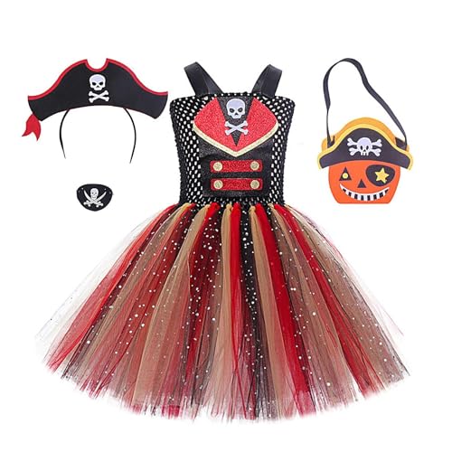 Amesor Piratenkostüm für Kinder,Piratenkostüm für Mädchen - Piraten-Tutu-Kleid für Halloween - Kleid, Stirnband, Tasche, Augenmaske, Halloween-Anzieh-Cosplay-Rollenspielset für Mädchen 2–12 von Amesor