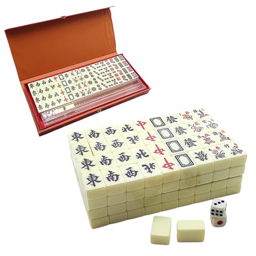 Chinesisches Mahjong Set, Mahjong Spiel Set, Mahjong Brettspiel, Kleines Mahjong Set Mit 144 Mahjong Spielsteinen, 2 Ersatzkarten Und 2 Würfeln, 4 Ständer, Für Freizeit Reise Party Familie Spiele von Amesor