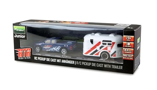 Amewi RC Pickup Die Cast ferngesteuert mit Wohnwagenanhänger 1:64 RTR blau Kinder ab 6 Jahre von Amewi