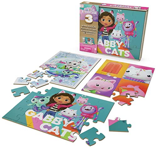 Gabby’s Dollhouse Holzpuzzle-Sammlung, 3 miau-tastische Puzzle-Motive mit Stabiler Holzbox zur Aufbewahrung, jedes Motive besteht aus 24 Teilen, Puzzle-Spaß für alle Gabby-Fans ab 3 Jahren von Spin Master Games