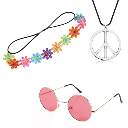 Hippie Kostüm Damen Zubehör Set Hippie Accessoires Vintage Hippie Brille Im Stil 60er Jahre Rund Retro Sonnenbrille Hippie Kranz Stirnband Friedenszeichen Halskette von Amissz