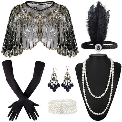 Amlisia 1920s Flapper Zubehör für Frauen, Great Gatsby Zubehör für Frauen Roaring 20s Zubehör 1920 Zubehör Frauen mit Pailletten Flapper Schal 1920s Kopfteil Perle Armband Halskette von Amlisia