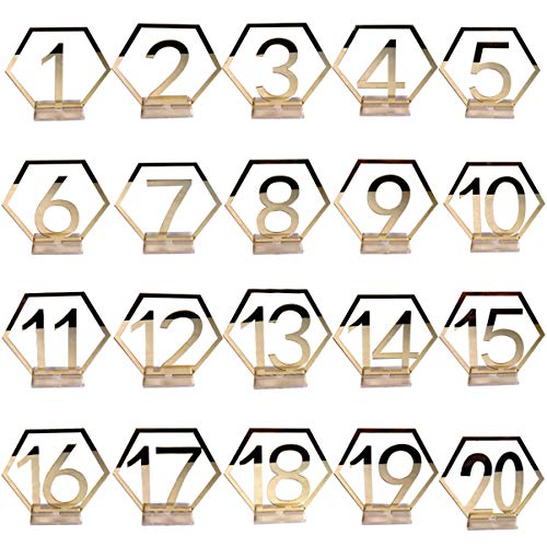 Amosfun 1-20 Hochzeit Tischnummern Acryl Spiegel Silber Zahlen platzhalter Tischständer Karten Nummernschild Dekore für Hochzeit Geburtstag (Golden) von Amosfun