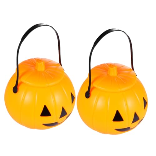 Amosfun 2 Stück Halloween Bedeckte Kürbis-Eimer-süßigkeits-Eimer-tragbare Kürbis-Laterne Halloween-süßigkeitshalter Halloween-kürbis-süßigkeitshalter Tragbarer Kürbiseimer Plastik Yellow von Amosfun