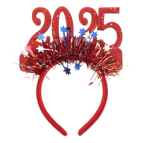 Amosfun 2025 Frohes Neues Jahr Stirnband Tiara Glitzer Stern Pailletten Stirnband Haarreifen Kopfschmuck Für Silvester Partydekorationen Rot Happy New Year Kopfschmuck für Silvester Party Zubehör von Amosfun