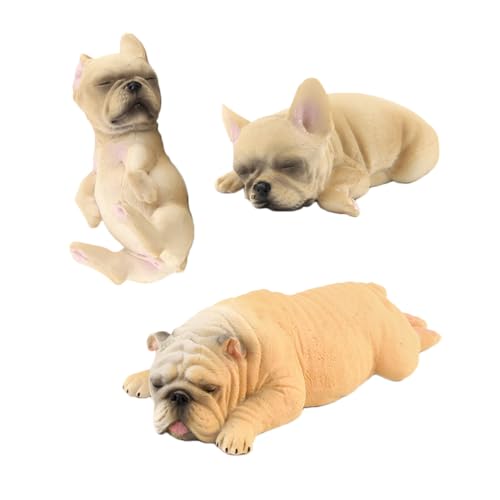 Amosfun 3St Simulations-Bulldogge weltbild Animal Figures bastelzeug Dog Toy lebendige Künste Plüsch Welpe Chihuahua-Ornamente Schwimmbad Hund Statue Plastiktiere Khaki von Amosfun